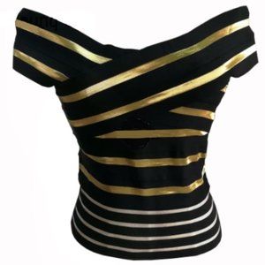 Shimmering Black & Gold Off Shoulder Top